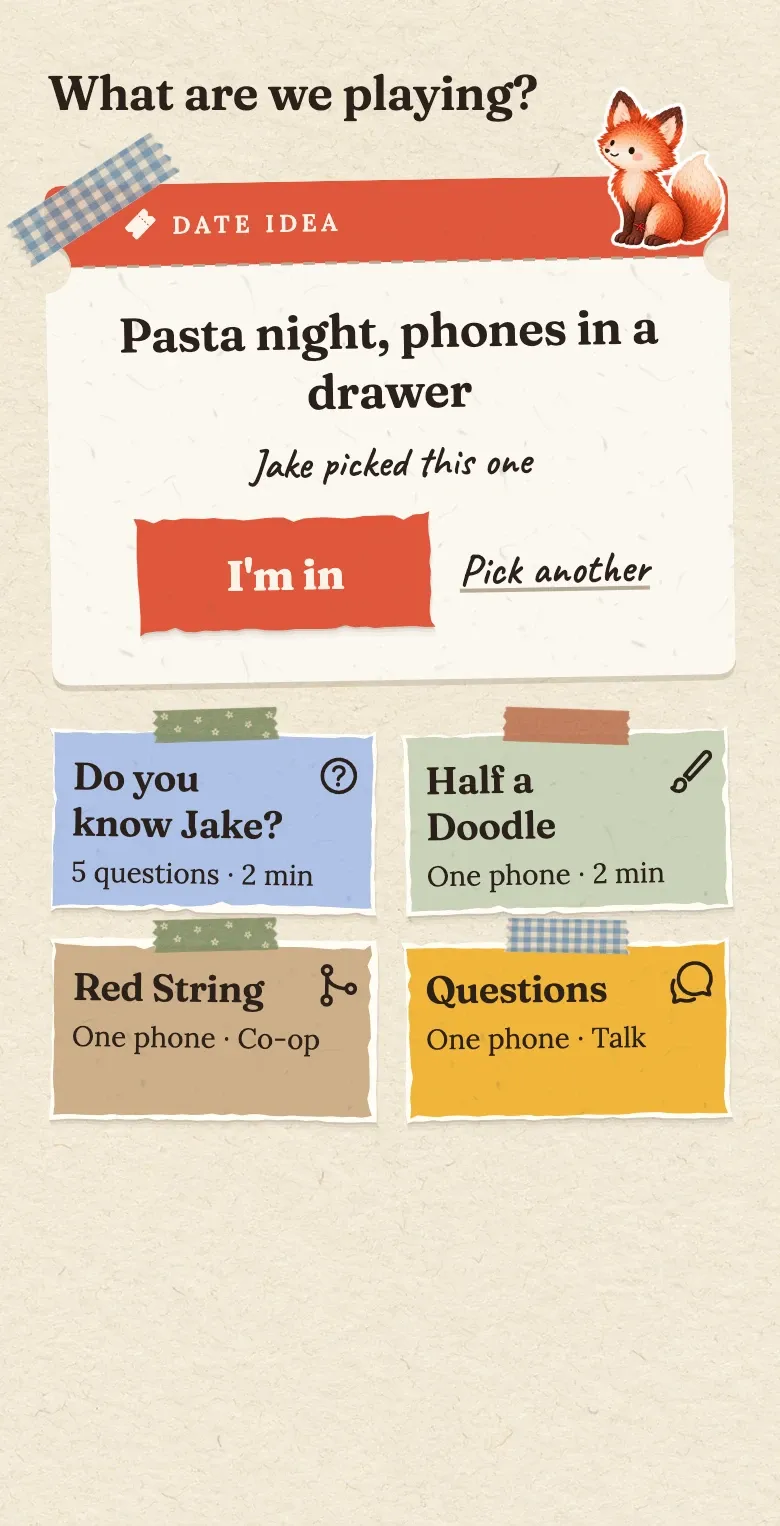 The Play tab: a date idea, "Pasta night, phones in a drawer", picked by Jake, with buttons to say "I'm in" or pick another, above four games.