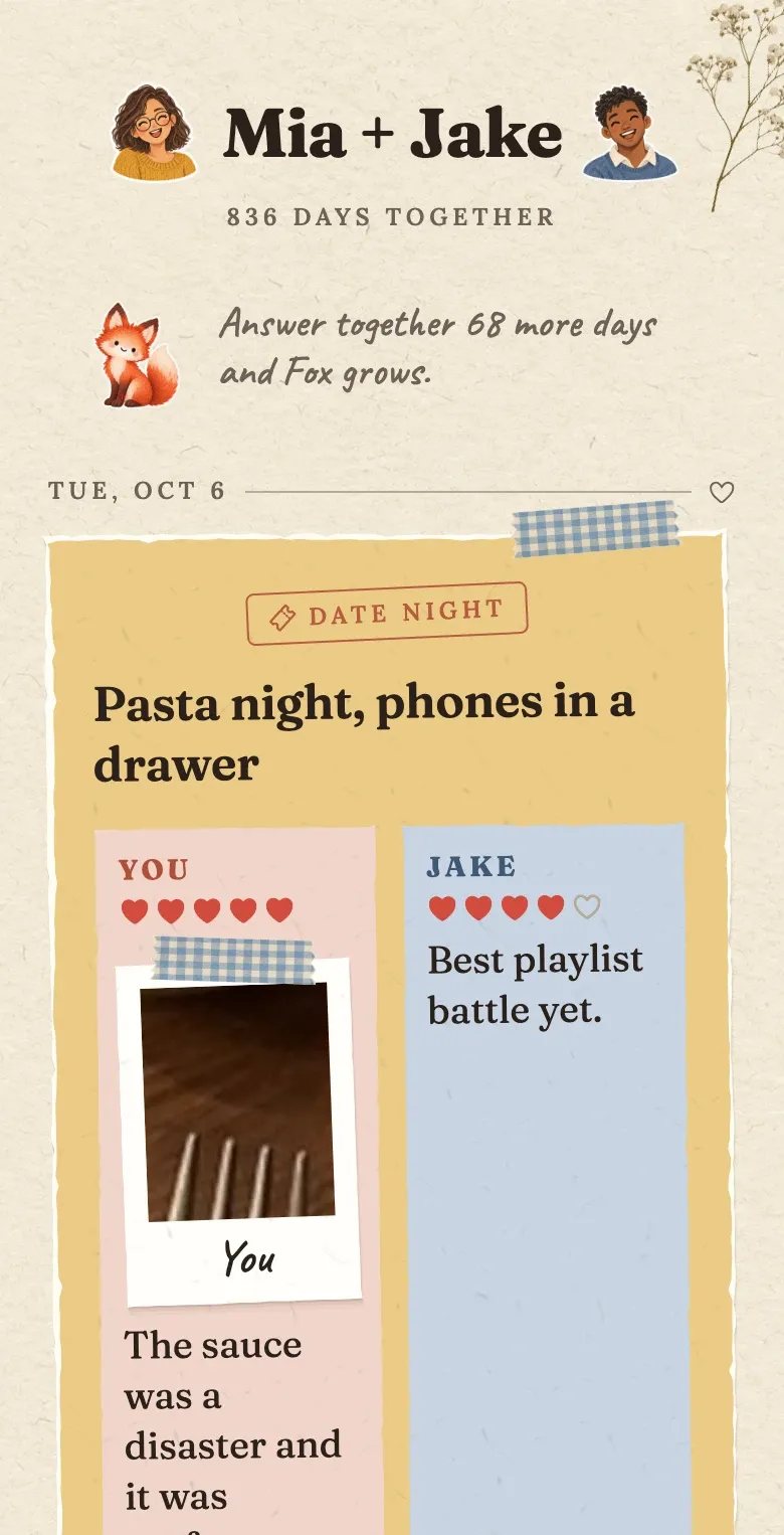 A page in the couple's scrapbook: Mia + Jake, 836 days together, with their date night 'Pasta night, phones in a drawer', both ratings, a photo and notes.